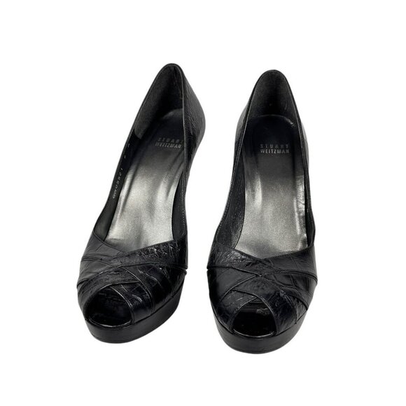STUART WEITZMAN Pip Toe Platform Heels Sz. 9 Black Croc Leather Stiletto Classic - Picture 8 of 11